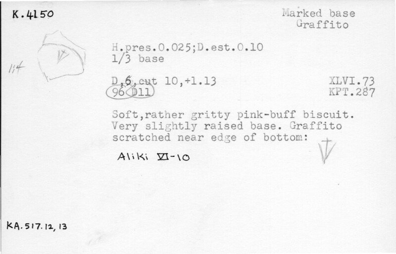 Index card with typed and handwritten information, sometimes including a sketch, of pottery from an excavation.