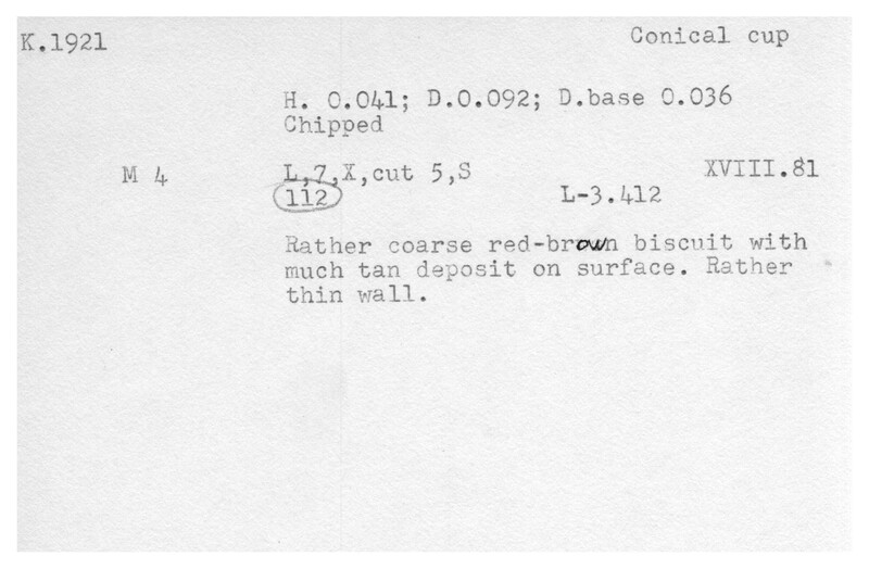 Index card with typed and handwritten information, sometimes including a sketch, of pottery from an excavation.