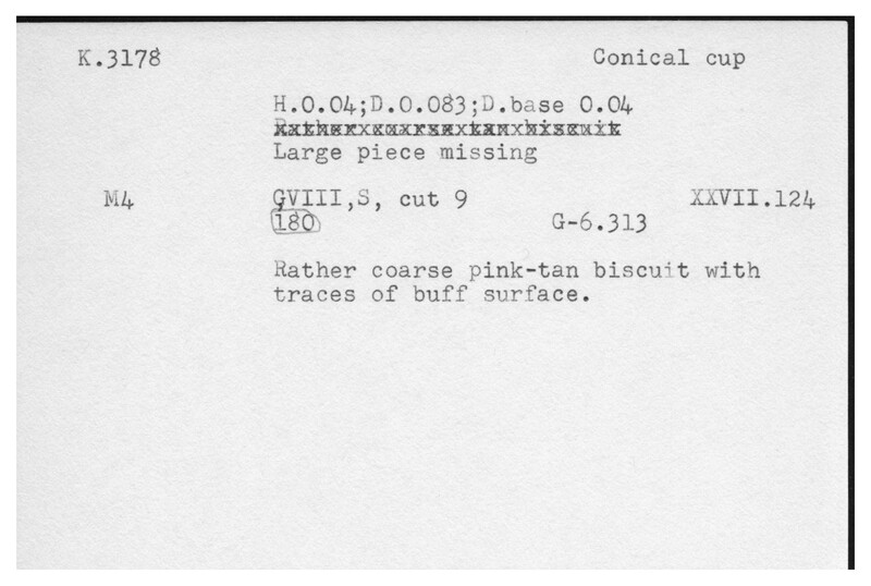 Index card with typed and handwritten information, sometimes including a sketch, of pottery from an excavation.