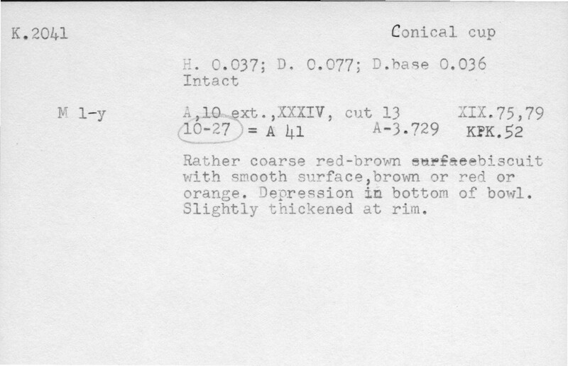 Index card with typed and handwritten information, sometimes including a sketch, of pottery from an excavation.