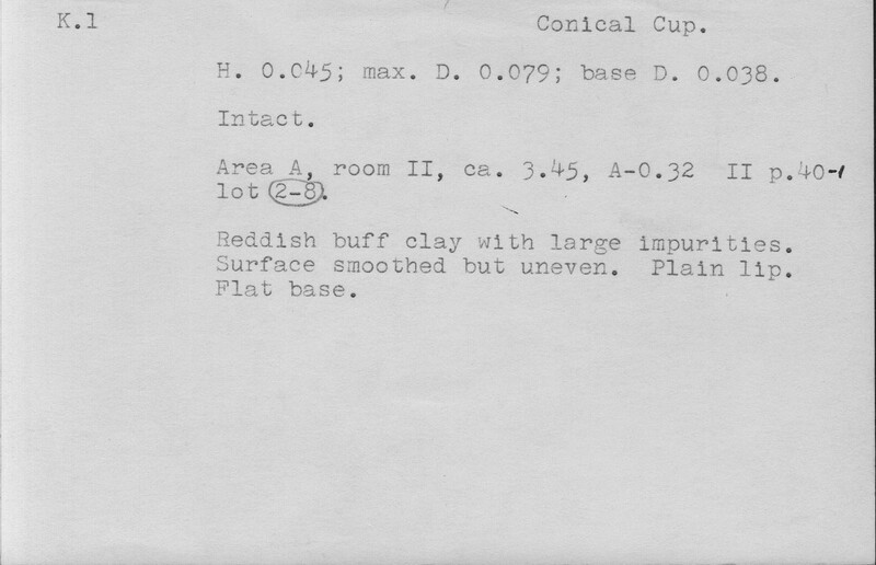 Index card with typed and handwritten information, sometimes including a sketch, of pottery from an excavation.