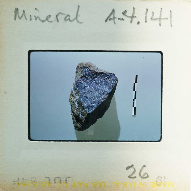 A small, dark blue gemstone on a white surface with black check marks and a label.