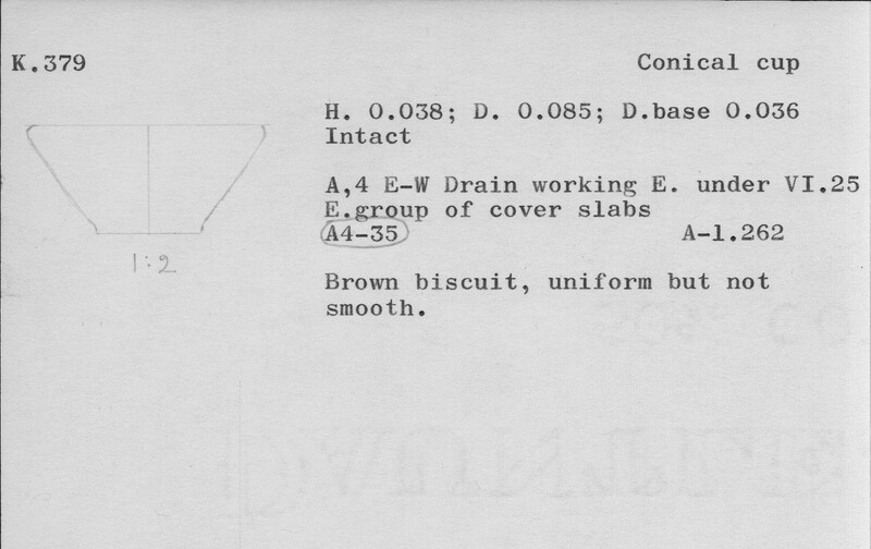 Index card with typed and handwritten information, sometimes including a sketch, of pottery from an excavation.