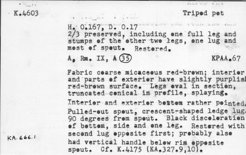 Index card with typed and handwritten information, sometimes including a sketch, of pottery from an excavation.