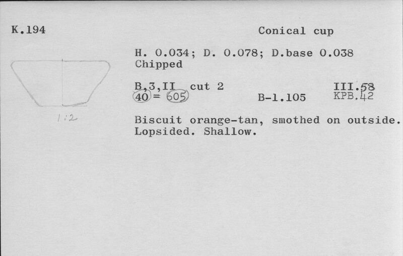 Index card with typed and handwritten information, sometimes including a sketch, of pottery from an excavation.