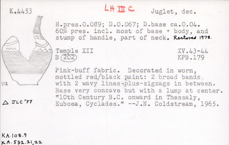 Index card with typed and handwritten information, sometimes including a sketch, of pottery from an excavation.