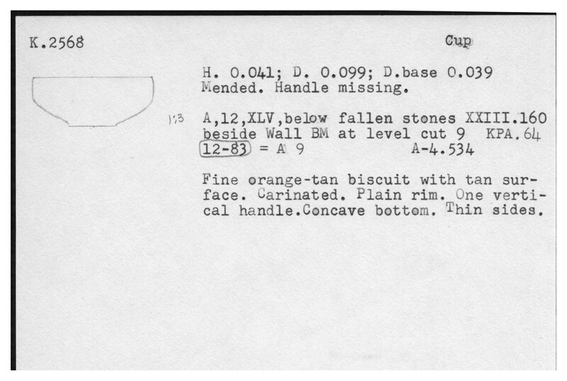 Index card with typed and handwritten information, sometimes including a sketch, of pottery from an excavation.