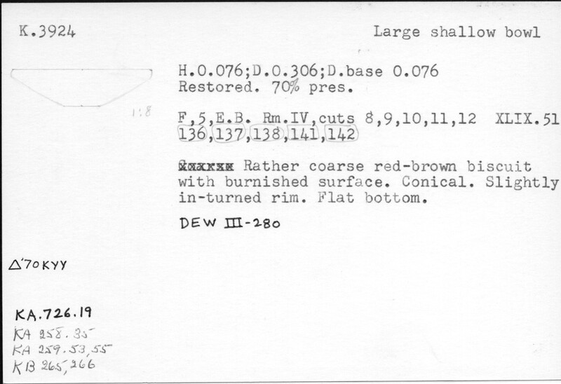 Index card with typed and handwritten information, sometimes including a sketch, of pottery from an excavation.