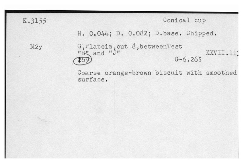 Index card with typed and handwritten information, sometimes including a sketch, of pottery from an excavation.