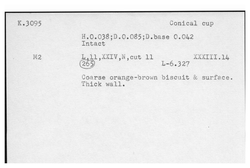 Index card with typed and handwritten information, sometimes including a sketch, of pottery from an excavation.
