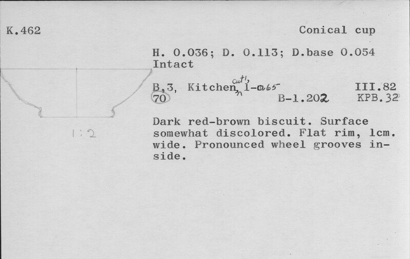 Index card with typed and handwritten information, sometimes including a sketch, of pottery from an excavation.