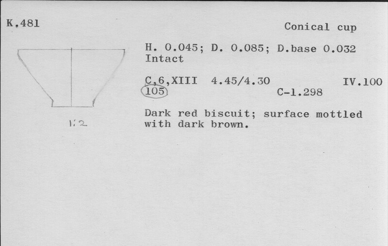 Index card with typed and handwritten information, sometimes including a sketch, of pottery from an excavation.