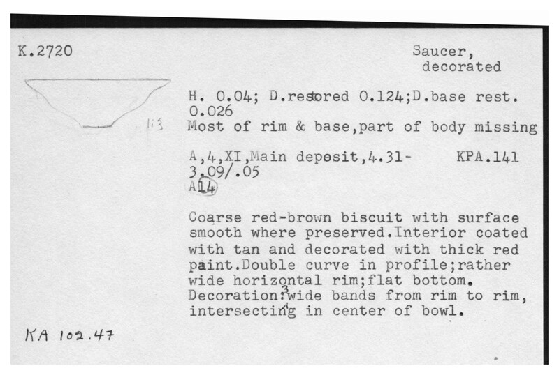 Index card with typed and handwritten information, sometimes including a sketch, of pottery from an excavation.