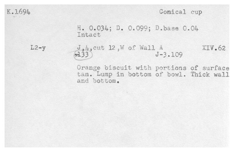 Index card with typed and handwritten information, sometimes including a sketch, of pottery from an excavation.