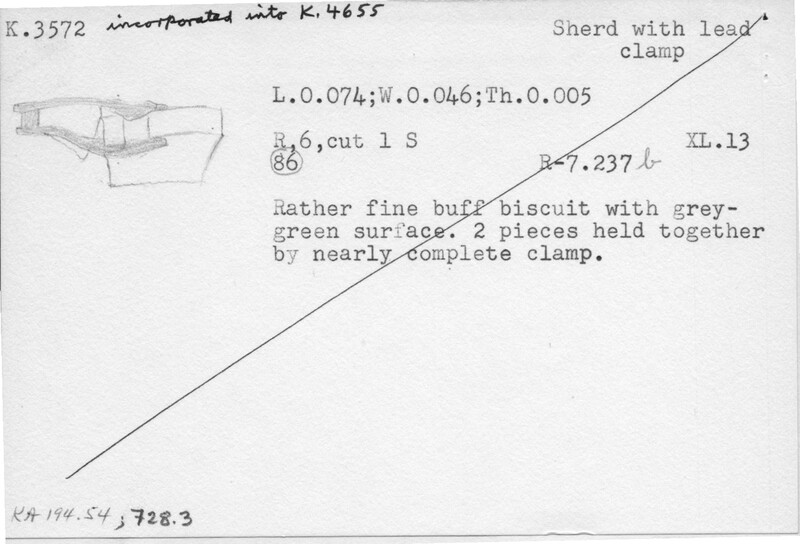 Index card with typed and handwritten information, sometimes including a sketch, of pottery from an excavation.