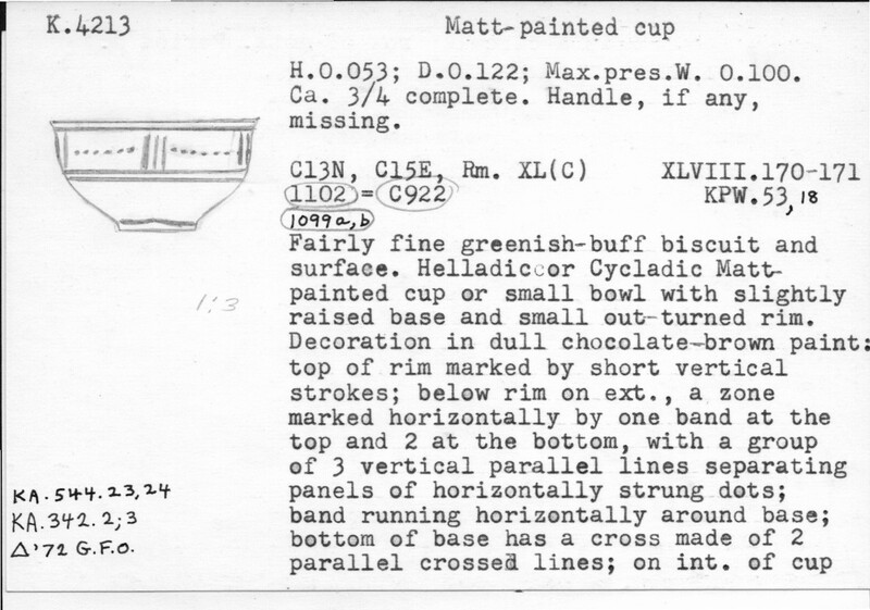 Index card with typed and handwritten information, sometimes including a sketch, of pottery from an excavation.