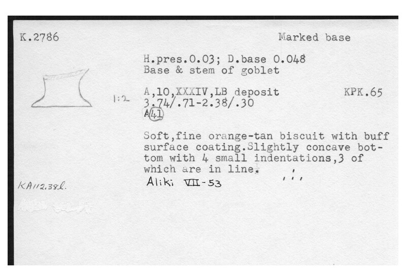 Index card with typed and handwritten information, sometimes including a sketch, of pottery from an excavation.