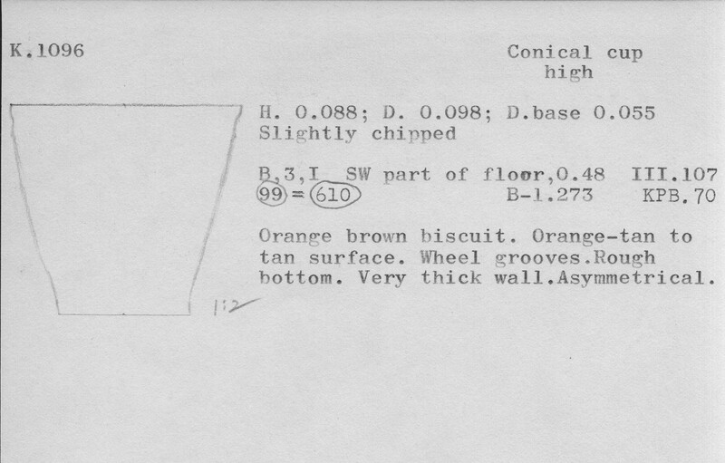 Index card with typed and handwritten information, sometimes including a sketch, of pottery from an excavation.