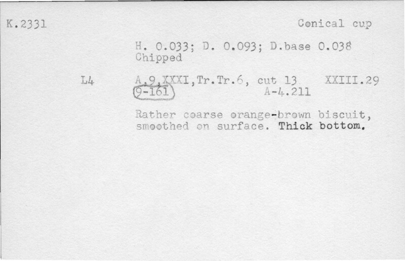 Index card with typed and handwritten information, sometimes including a sketch, of pottery from an excavation.