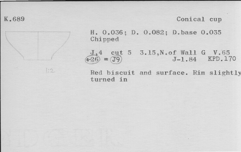Index card with typed and handwritten information, sometimes including a sketch, of pottery from an excavation.