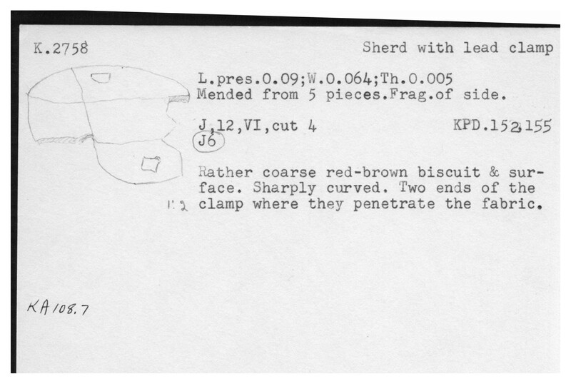Index card with typed and handwritten information, sometimes including a sketch, of pottery from an excavation.