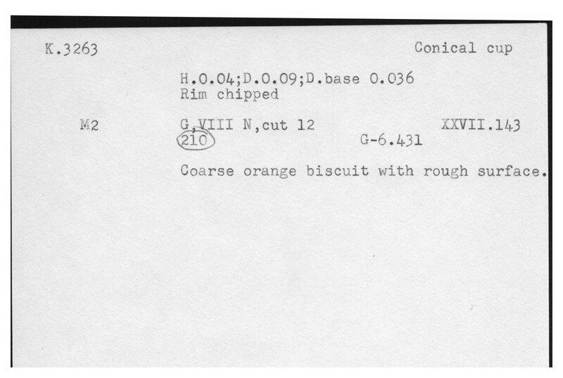 Index card with typed and handwritten information, sometimes including a sketch, of pottery from an excavation.