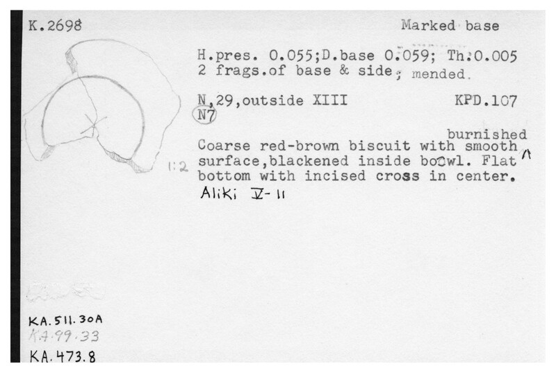 Index card with typed and handwritten information, sometimes including a sketch, of pottery from an excavation.