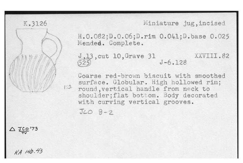 Index card with typed and handwritten information, sometimes including a sketch, of pottery from an excavation.