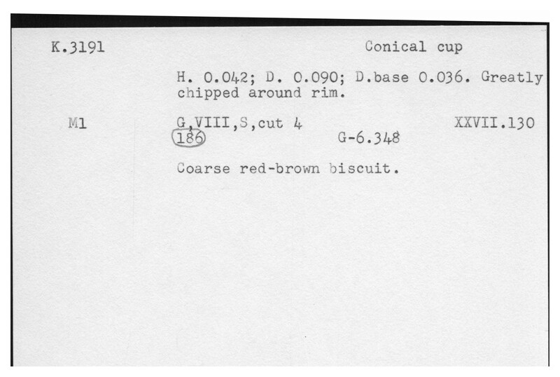 Index card with typed and handwritten information, sometimes including a sketch, of pottery from an excavation.
