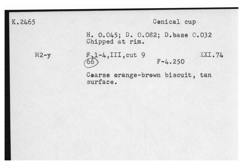 Index card with typed and handwritten information, sometimes including a sketch, of pottery from an excavation.