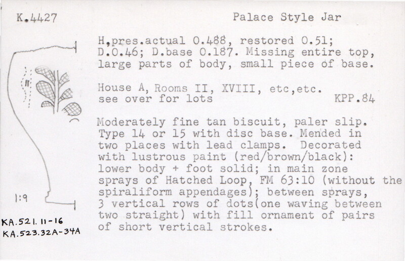 Index card with typed and handwritten information, sometimes including a sketch, of pottery from an excavation.