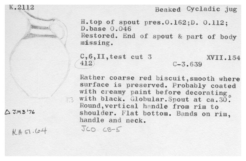 Index card with typed and handwritten information, sometimes including a sketch, of pottery from an excavation.