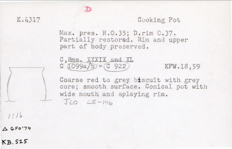 Index card with typed and handwritten information, sometimes including a sketch, of pottery from an excavation.