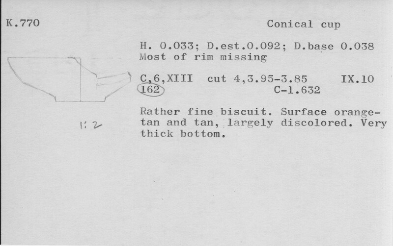 Index card with typed and handwritten information, sometimes including a sketch, of pottery from an excavation.