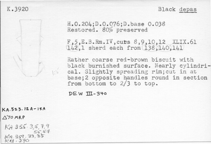 Index card with typed and handwritten information, sometimes including a sketch, of pottery from an excavation.