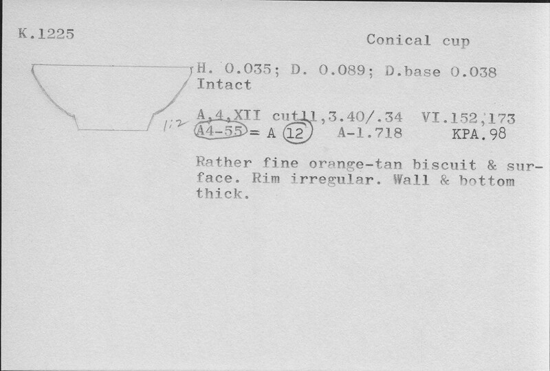 Index card with typed and handwritten information, sometimes including a sketch, of pottery from an excavation.