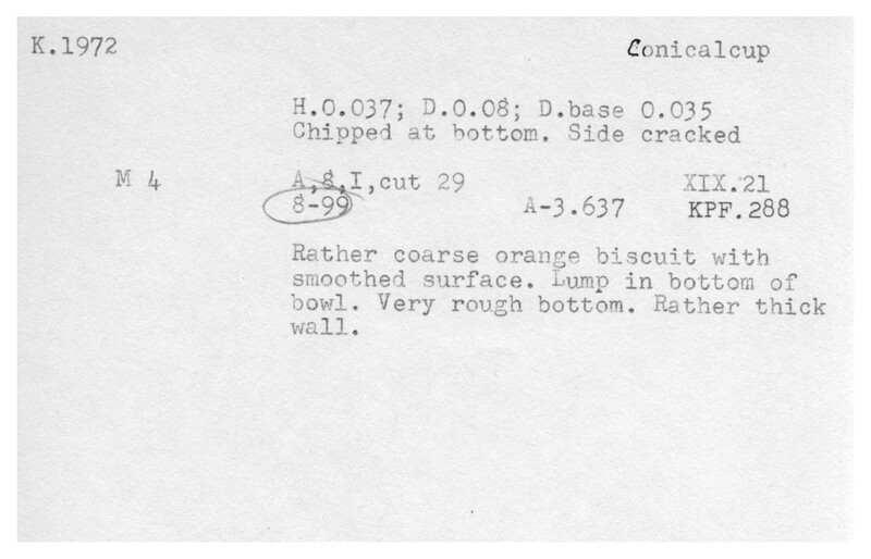 Index card with typed and handwritten information, sometimes including a sketch, of pottery from an excavation.