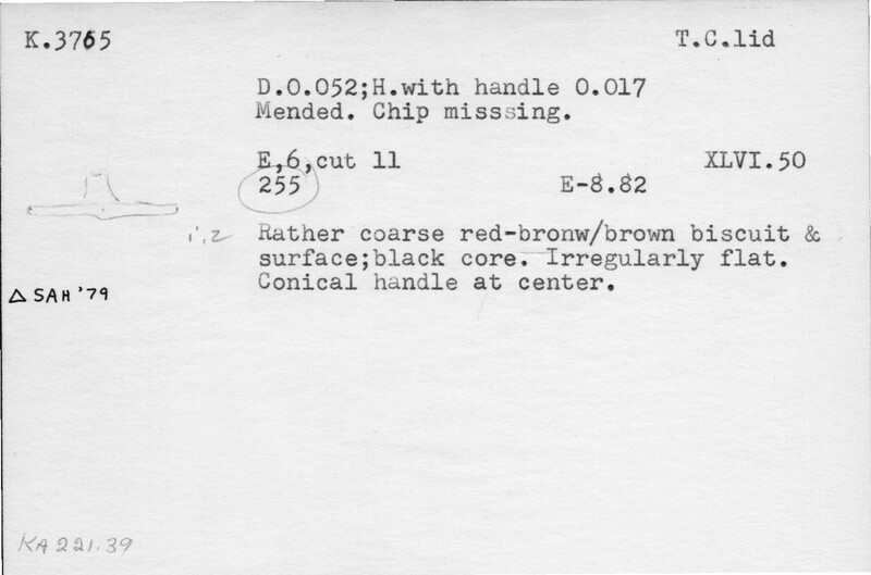 Index card with typed and handwritten information, sometimes including a sketch, of pottery from an excavation.