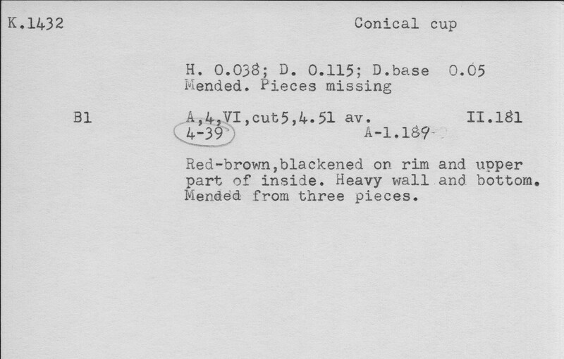 Index card with typed and handwritten information, sometimes including a sketch, of pottery from an excavation.