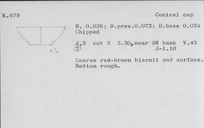 Index card with typed and handwritten information, sometimes including a sketch, of pottery from an excavation.