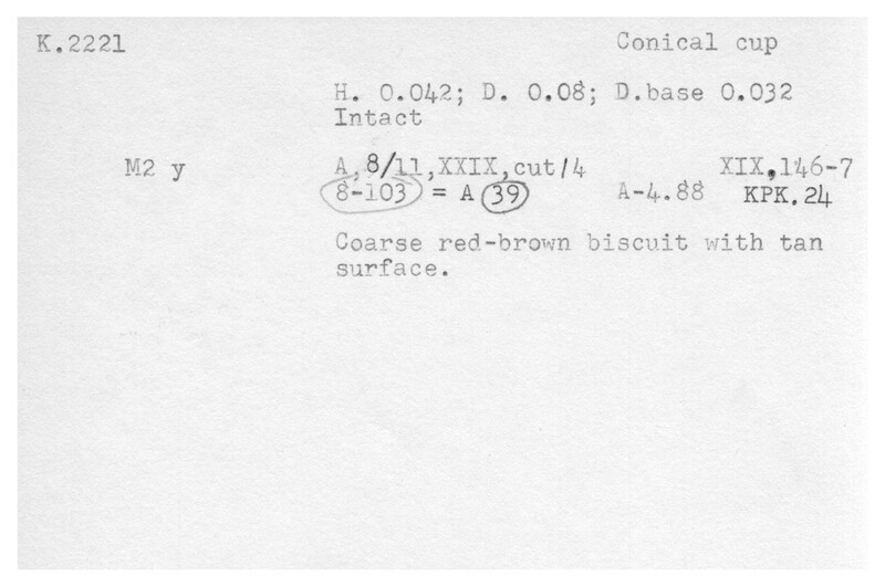 Index card with typed and handwritten information, sometimes including a sketch, of pottery from an excavation.