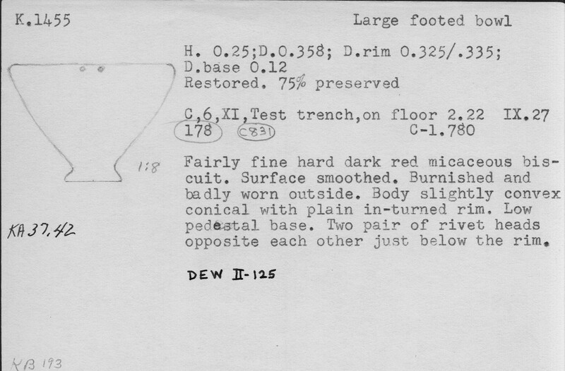 Index card with typed and handwritten information, sometimes including a sketch, of pottery from an excavation.