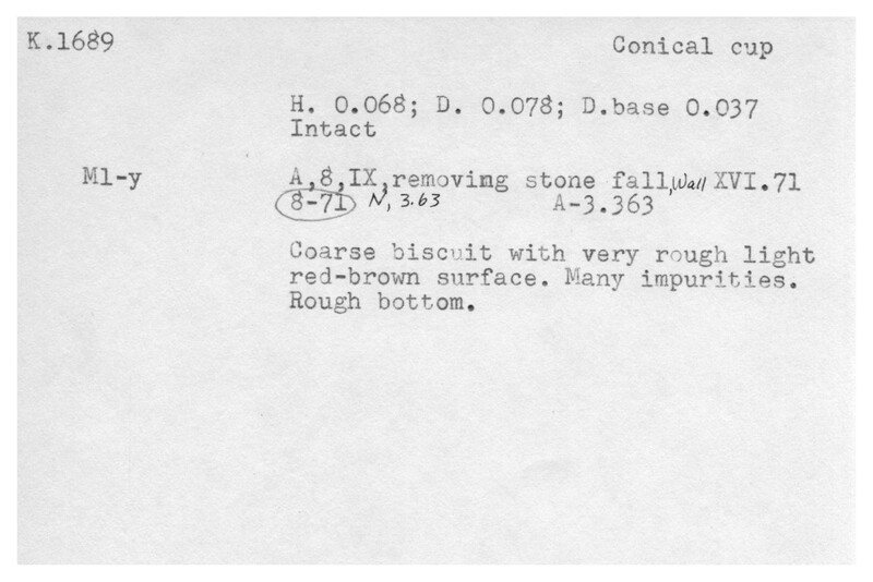 Index card with typed and handwritten information, sometimes including a sketch, of pottery from an excavation.