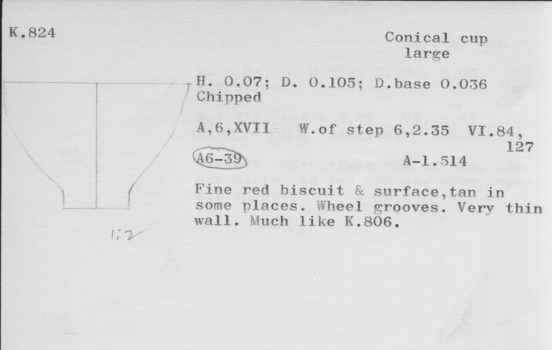 Index card with typed and handwritten information, sometimes including a sketch, of pottery from an excavation.