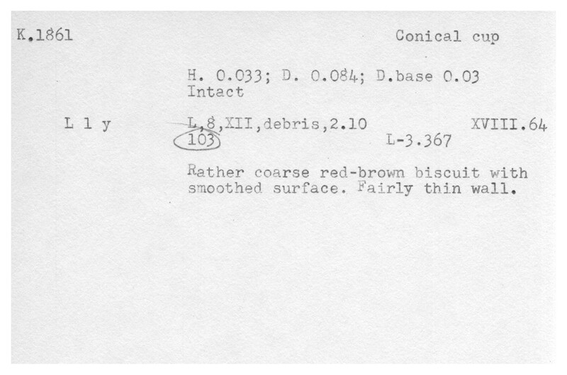 Index card with typed and handwritten information, sometimes including a sketch, of pottery from an excavation.