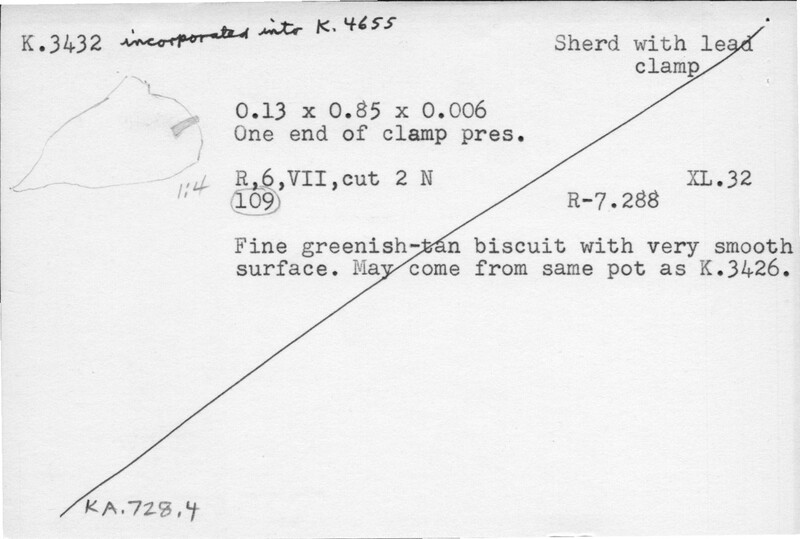 Index card with typed and handwritten information, sometimes including a sketch, of pottery from an excavation.