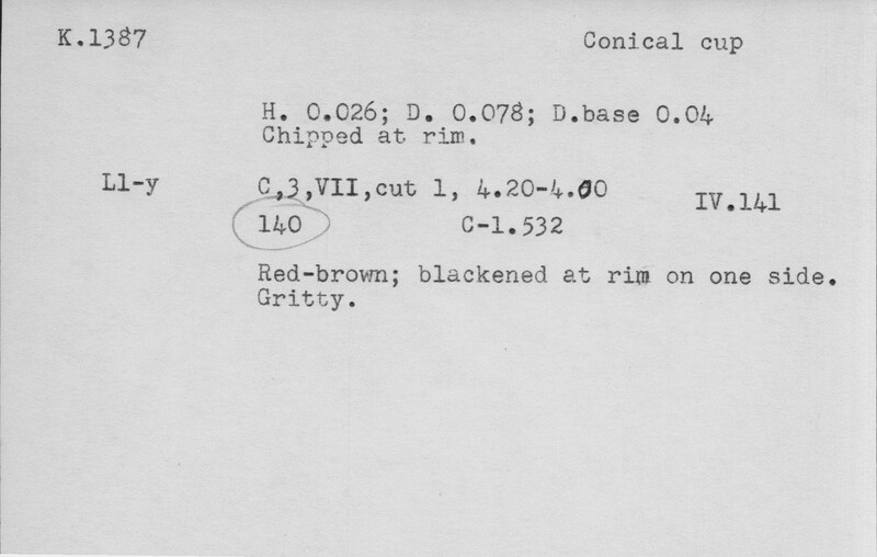 Index card with typed and handwritten information, sometimes including a sketch, of pottery from an excavation.