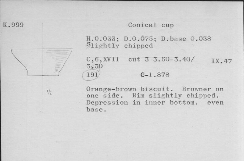 Index card with typed and handwritten information, sometimes including a sketch, of pottery from an excavation.