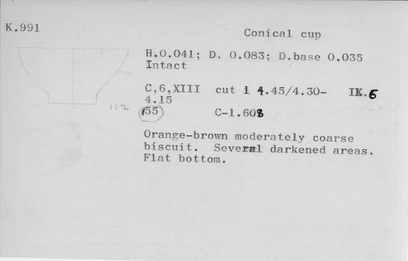 Index card with typed and handwritten information, sometimes including a sketch, of pottery from an excavation.