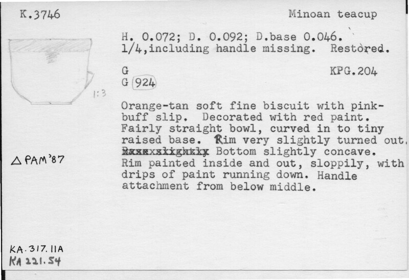 Index card with typed and handwritten information, sometimes including a sketch, of pottery from an excavation.